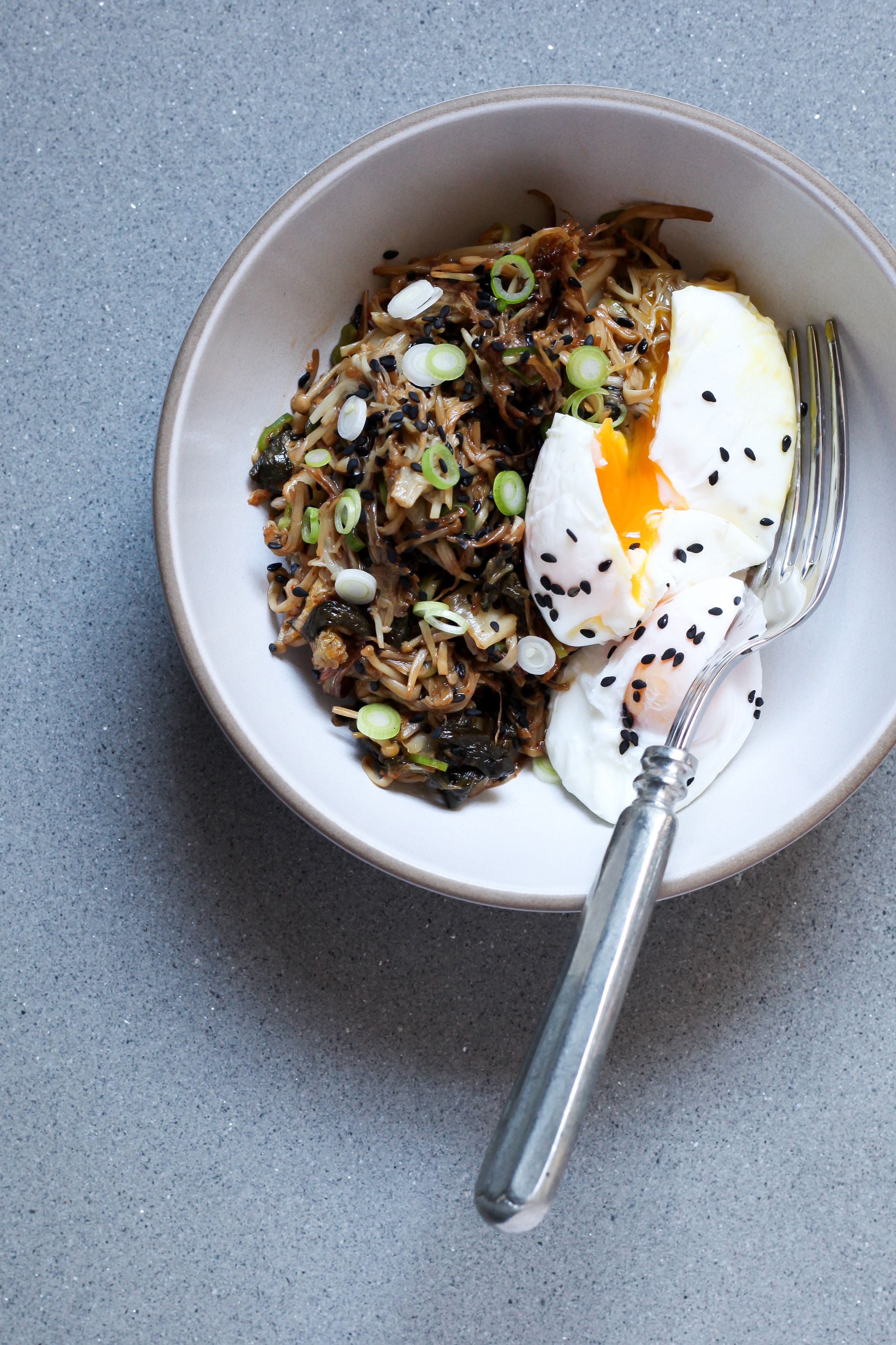 Enoki Mushroom and Kimchi Bowl With Poached Eggs | amodestfeast.com | @amodestfeast