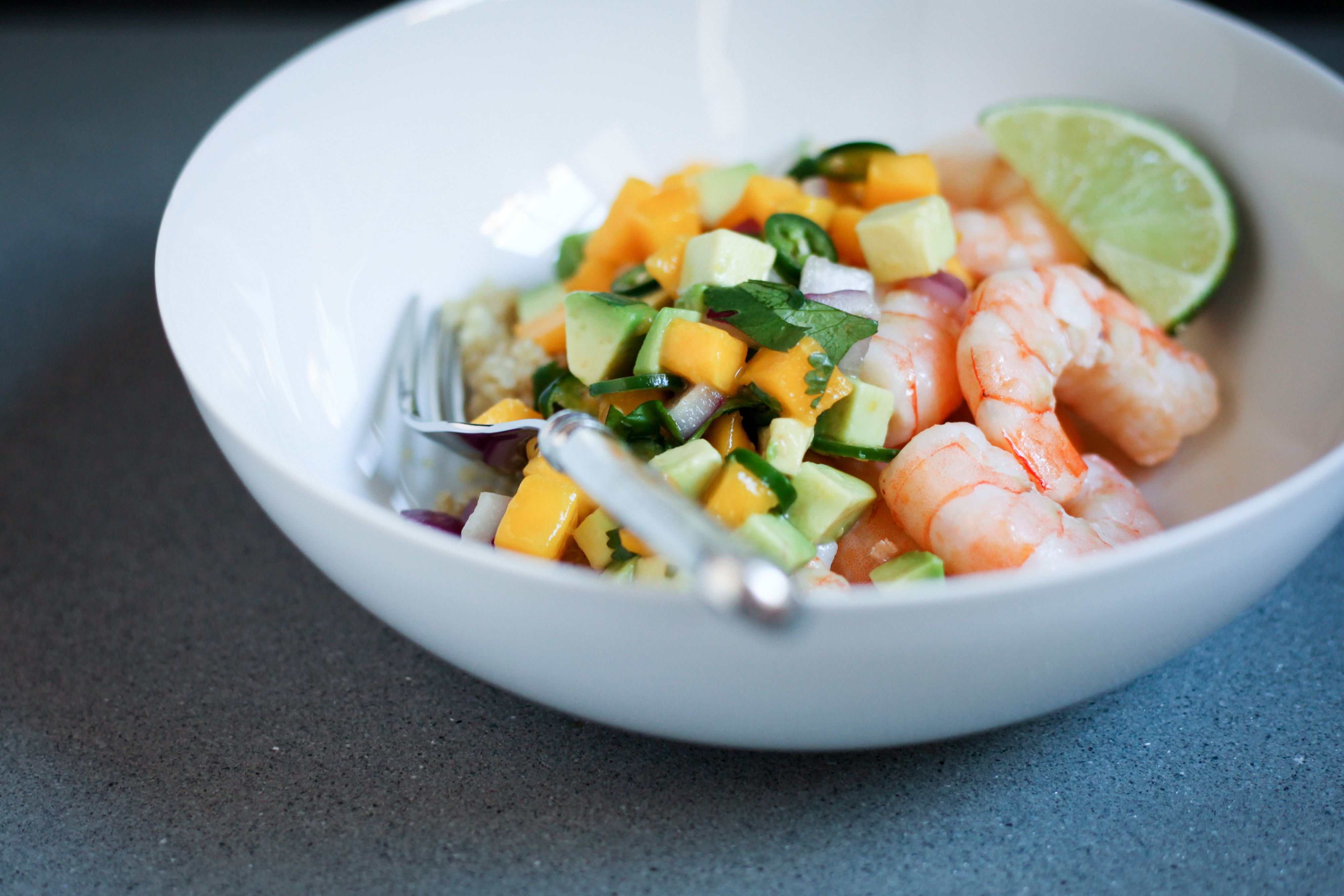 Shrimp and Quinoa With Mango-Avocado Salsa | amodestfeast.com | @amodestfeast