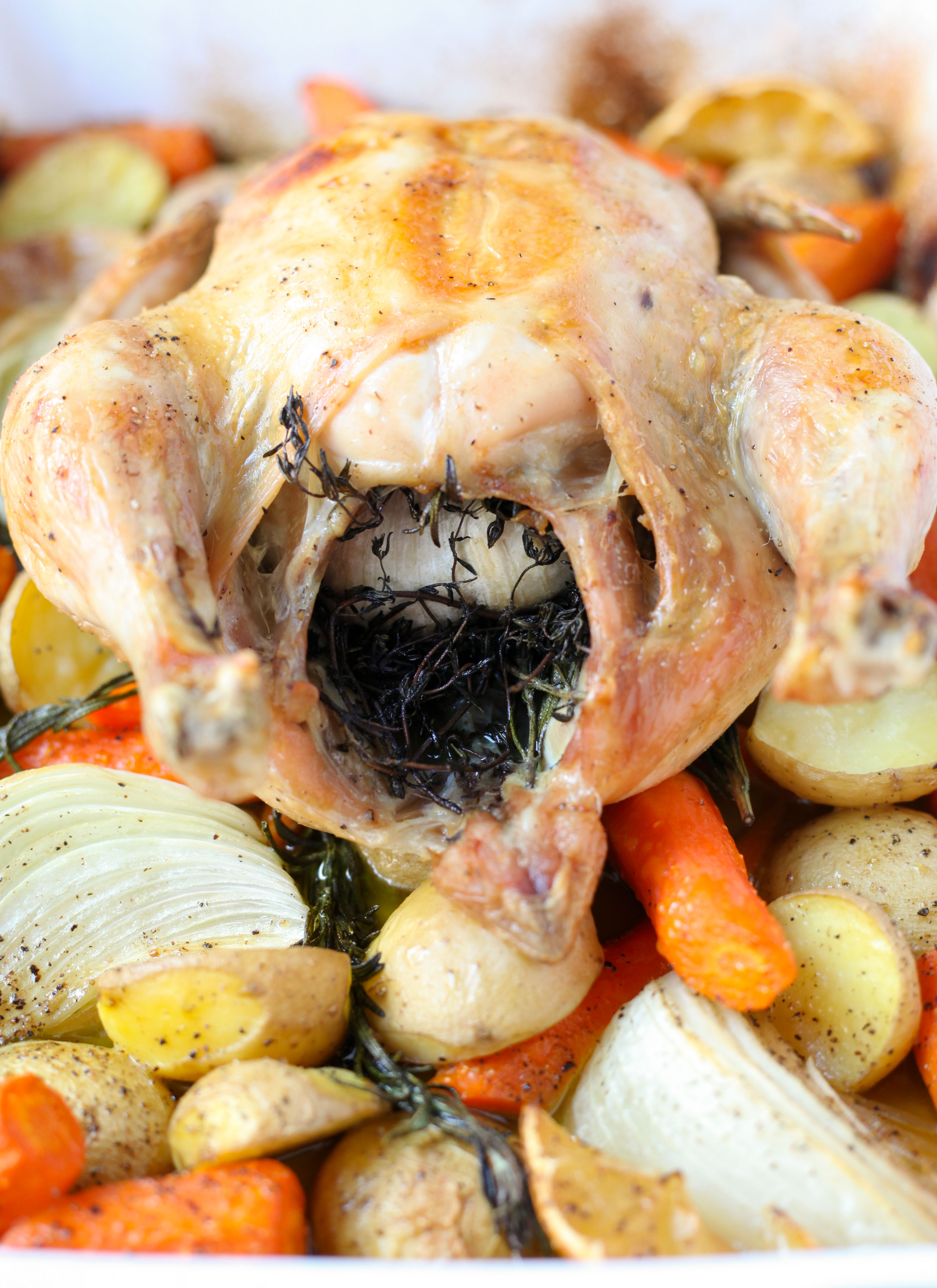 One-Pan Roast Chicken With Carrots, Onions, Potatoes, and Herbs | amodestfeast.com | @amodestfeast