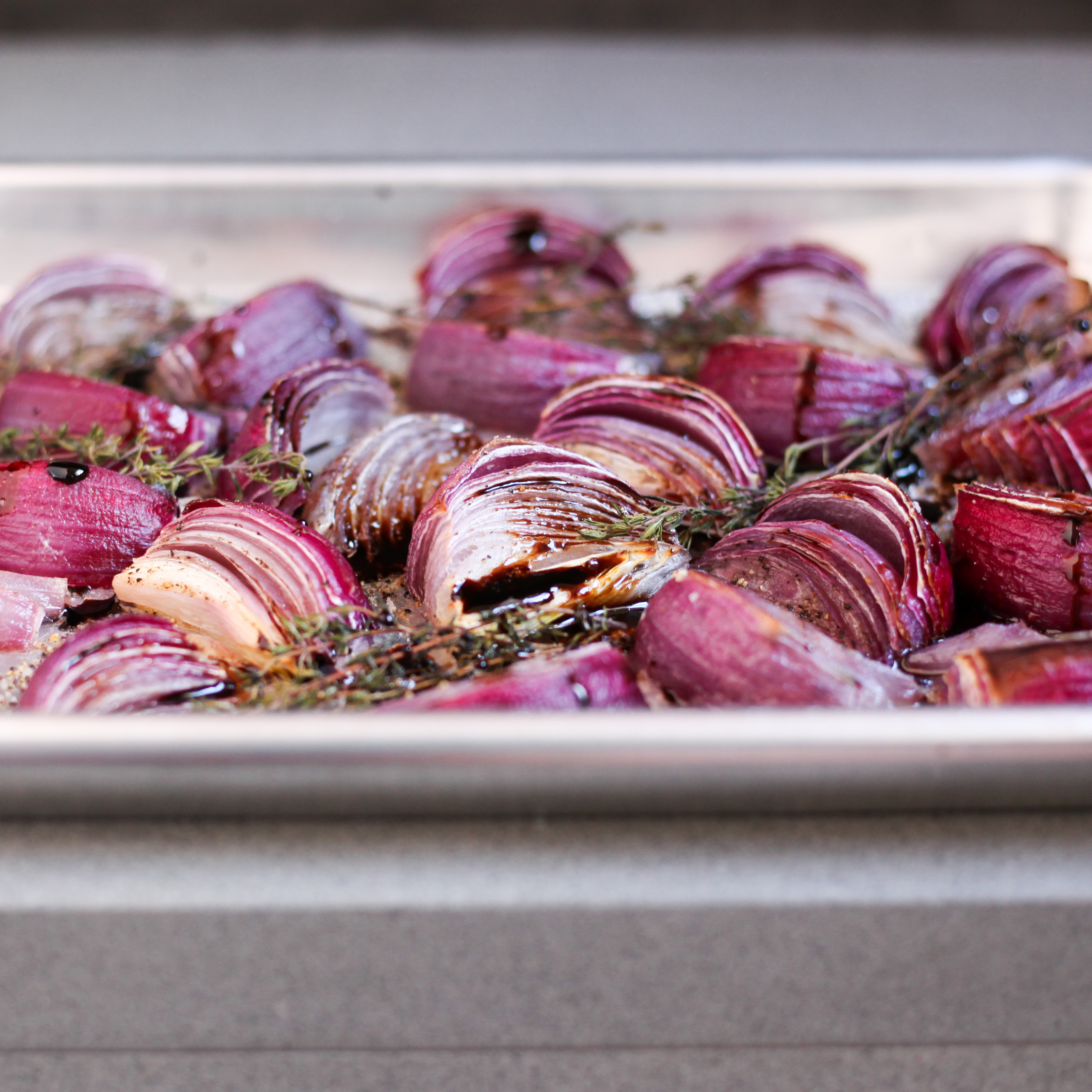 Roasted Red Onions With Thyme and Balsamic | amodestfeast.com | @amodestfeast