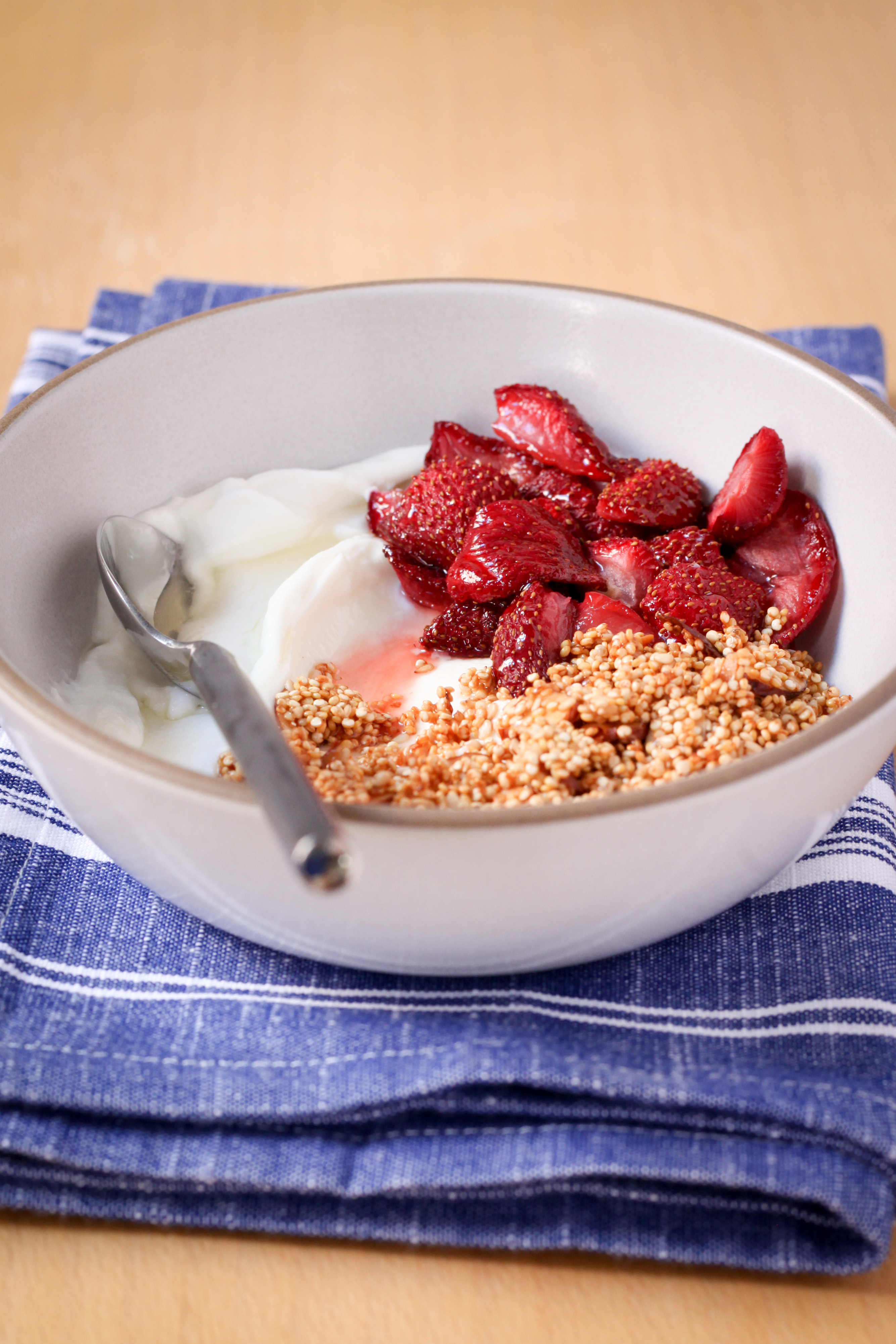 Greek Yogurt With Quinoa Crunch and Roasted Strawberries | amodesfeast.com | @amodestfeast