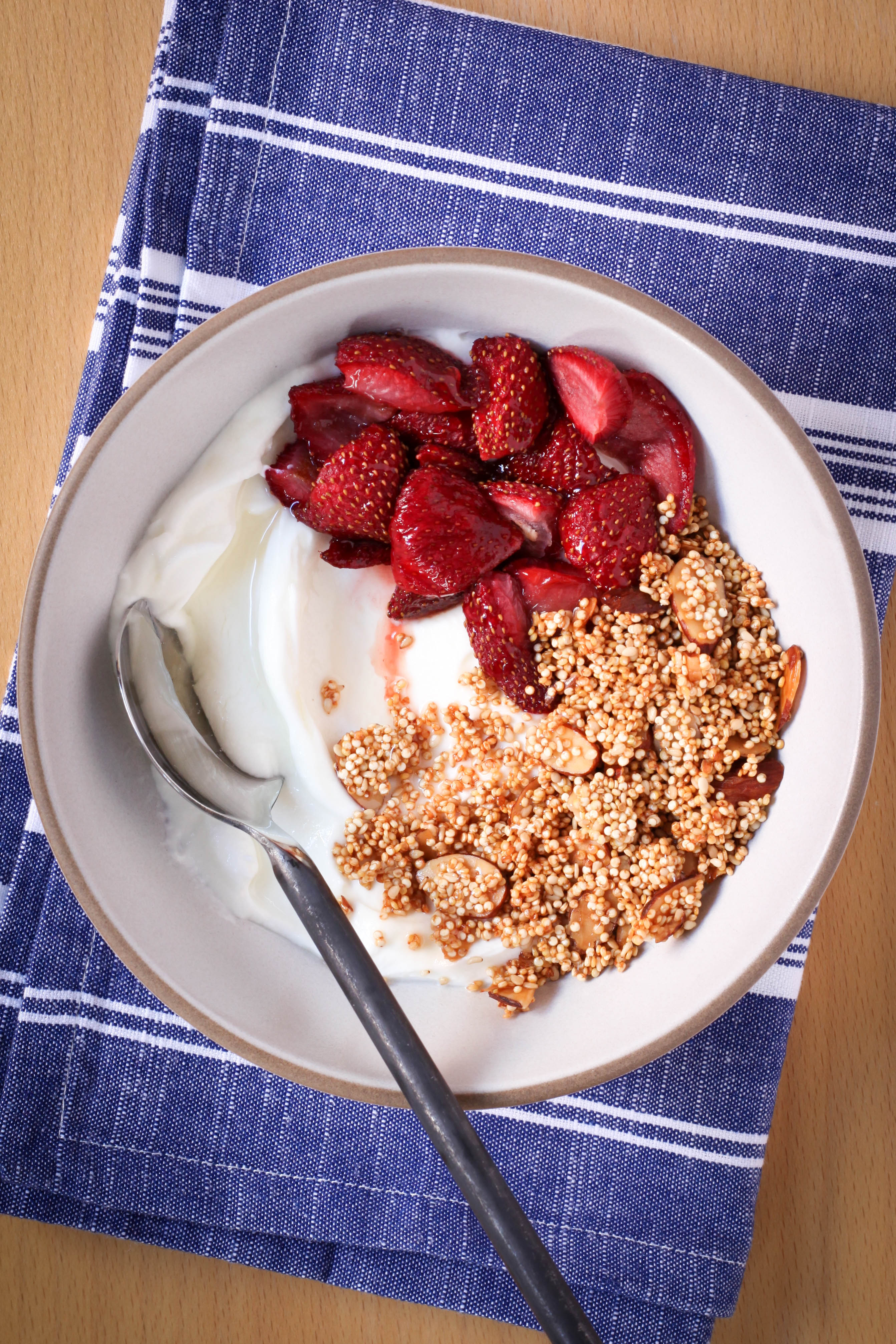 Greek Yogurt With Quinoa Crunch and Roasted Strawberries | amodesfeast.com | @amodestfeast