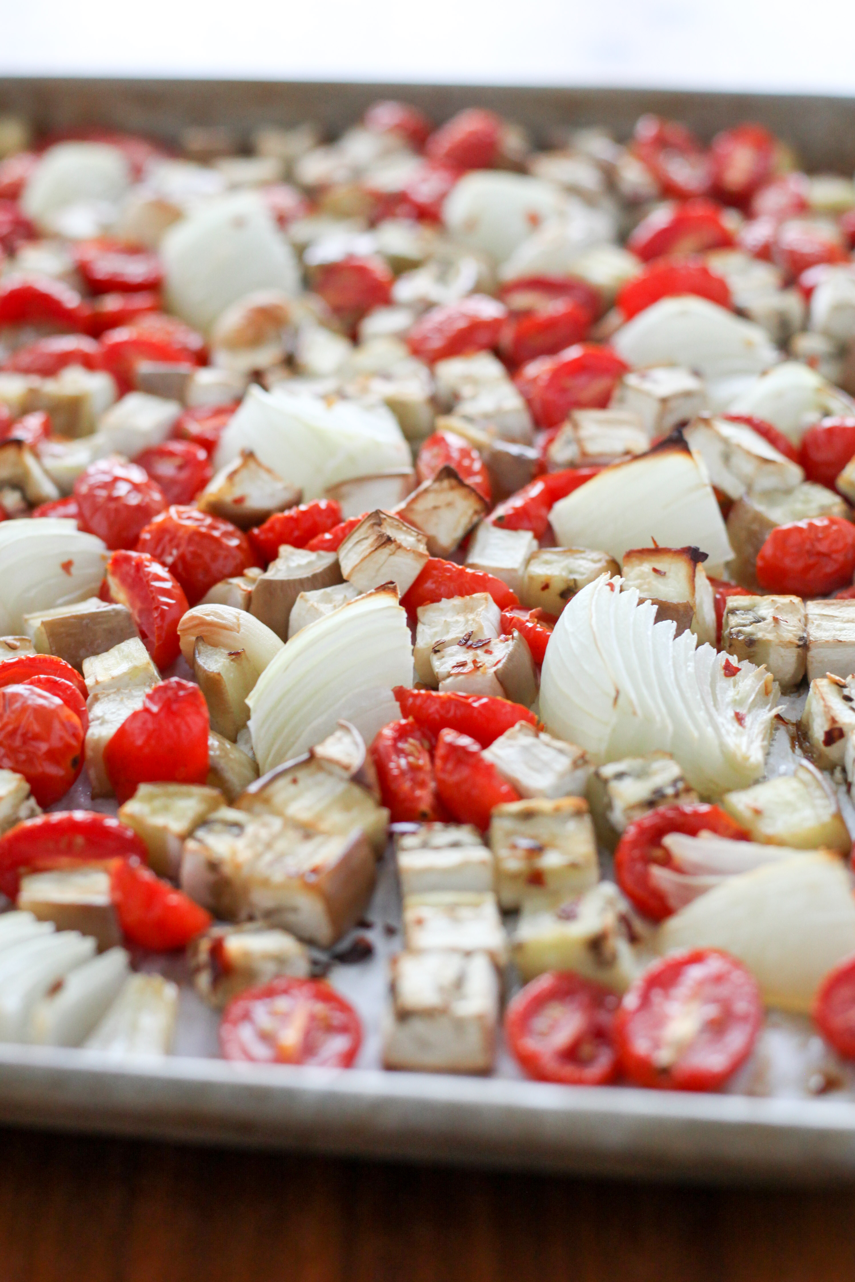 Roasted tomatoes, onions, and eggplant