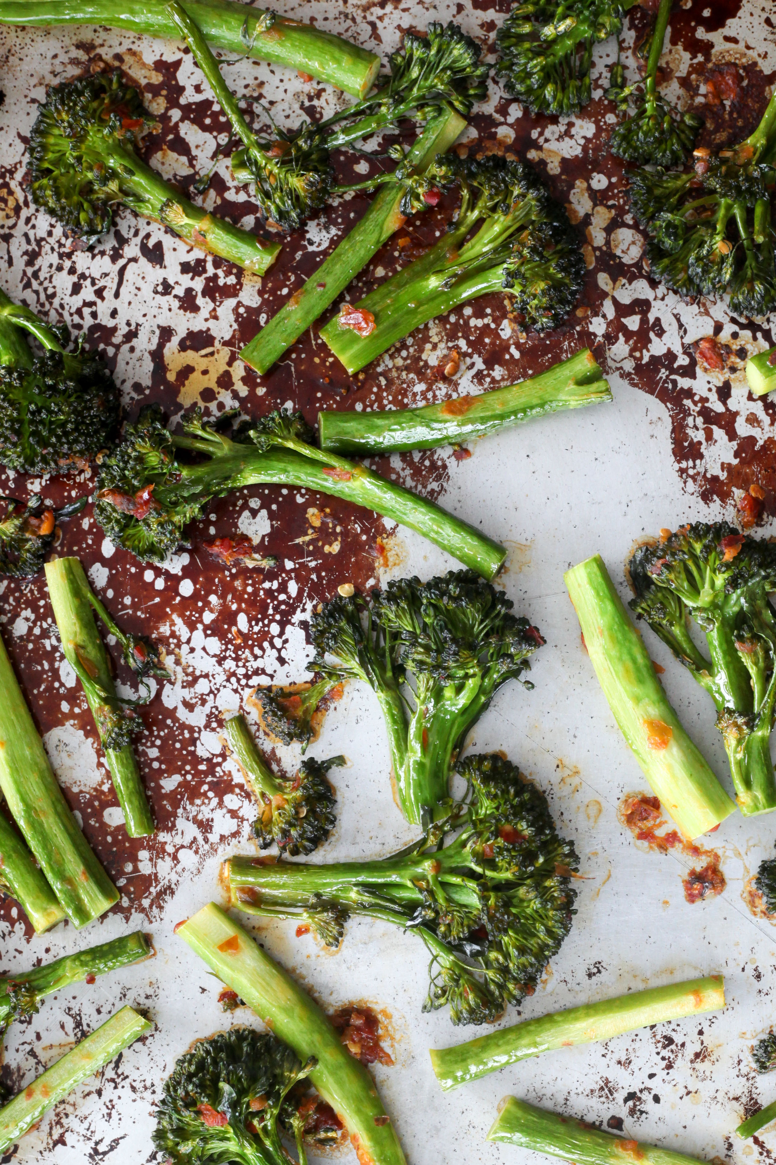 Broccolini roasted on a half-sheet pan