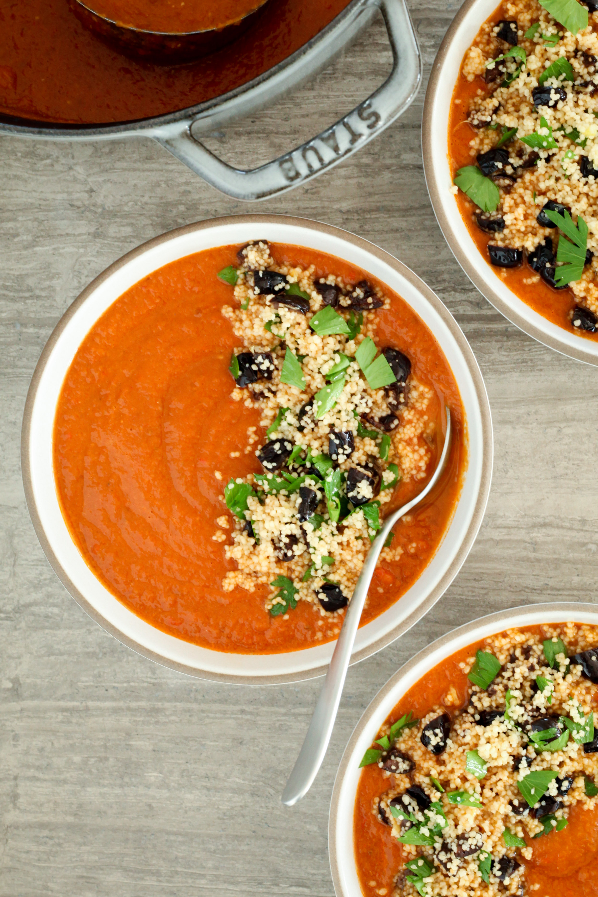 North African Sundried Tomato Soup With Couscous and Olives (vegan) | A Modest Feast | @amodestfeast