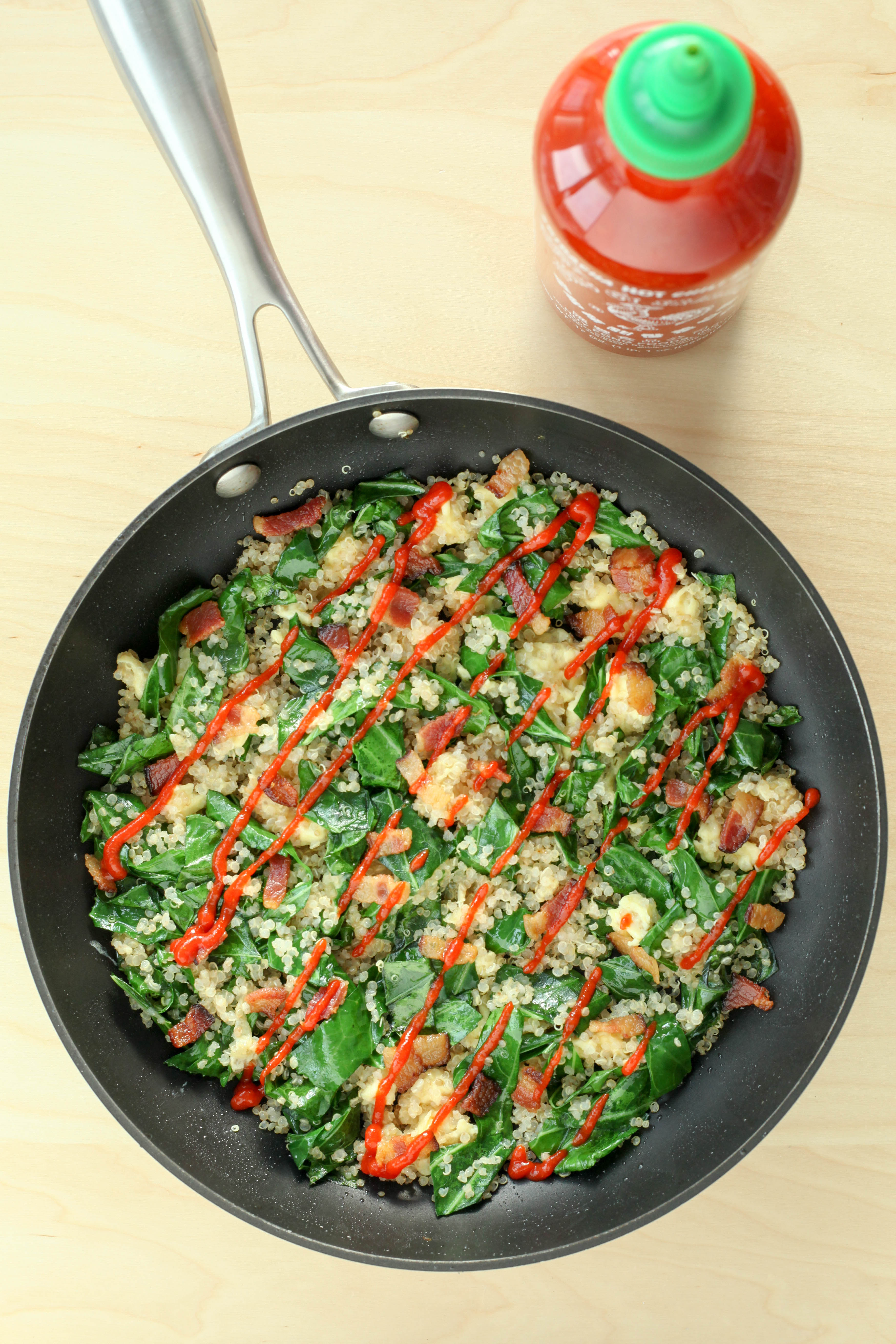 Breakfast Fried Quinoa With Collards, Bacon, and Sriracha (gluten-free) | A Modest Feast | @amodestfeast